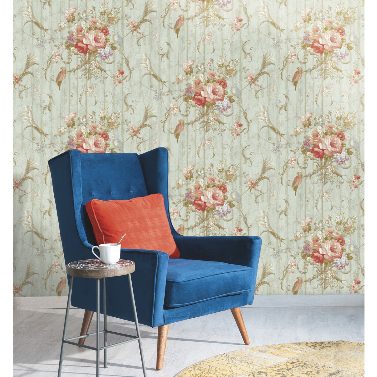 York HA1326 Parrots with Floral Bouquets Blue Wallpaper