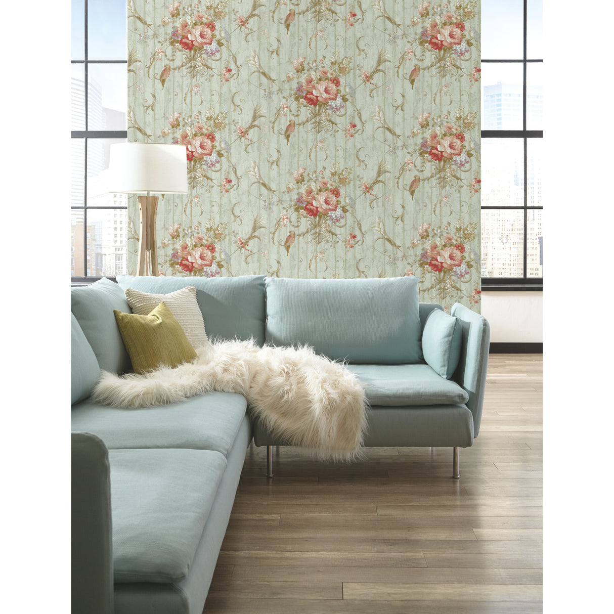 York HA1326 Parrots with Floral Bouquets Blue Wallpaper