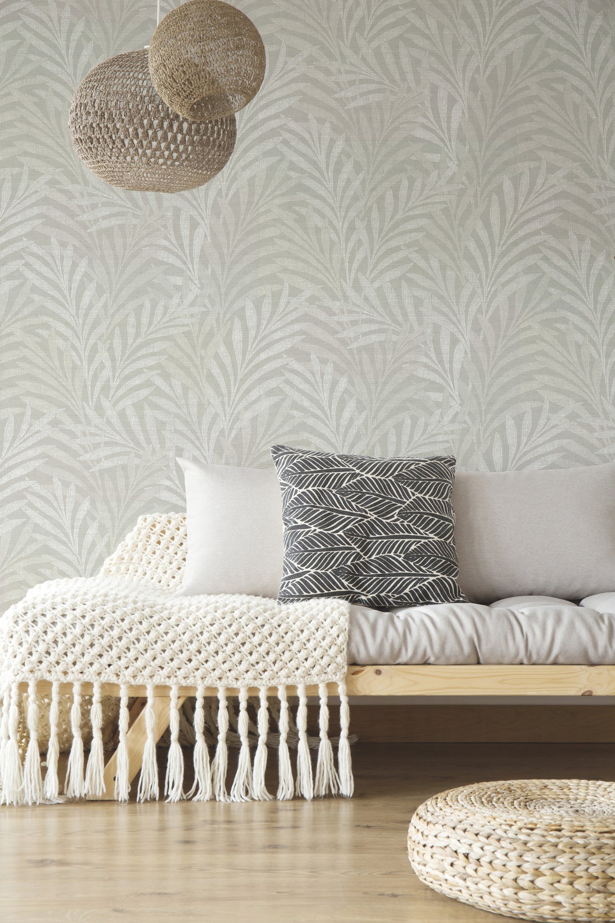 York HC7500 Leaves Stripe Grey Wallpaper