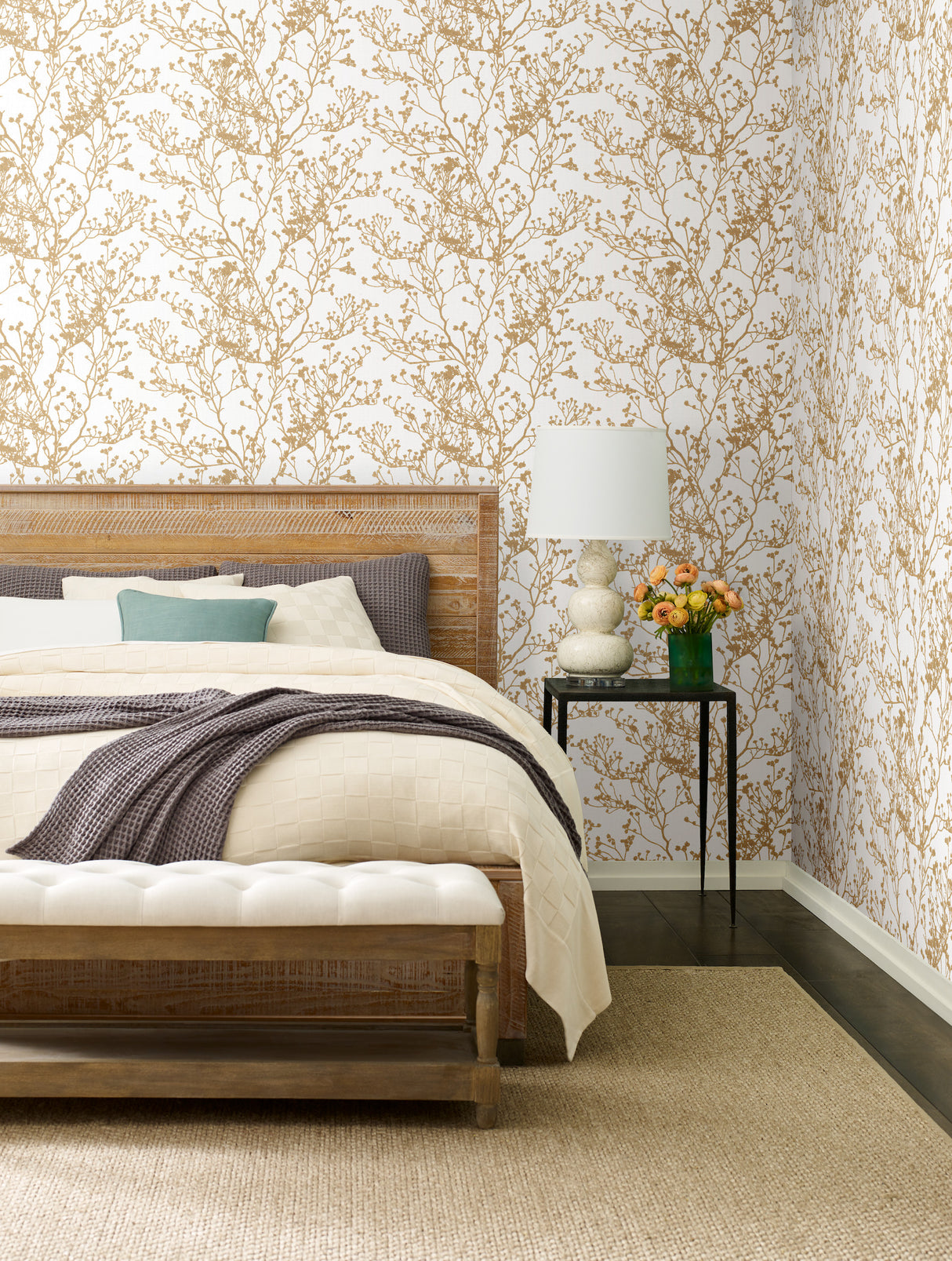 York HC7516 Budding Branch Silhouette White & Gold Wallpaper