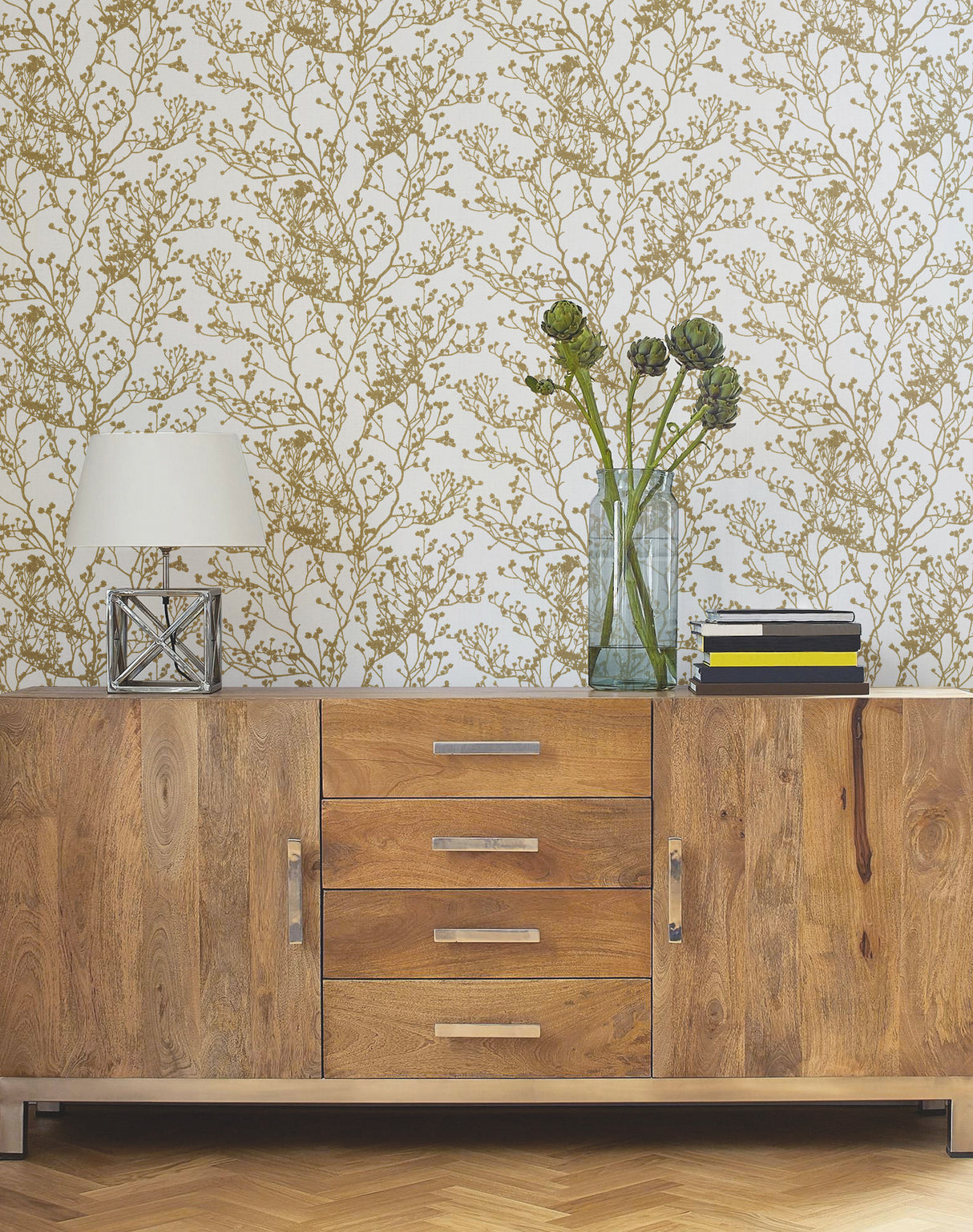 York HC7516 Budding Branch Silhouette White & Gold Wallpaper