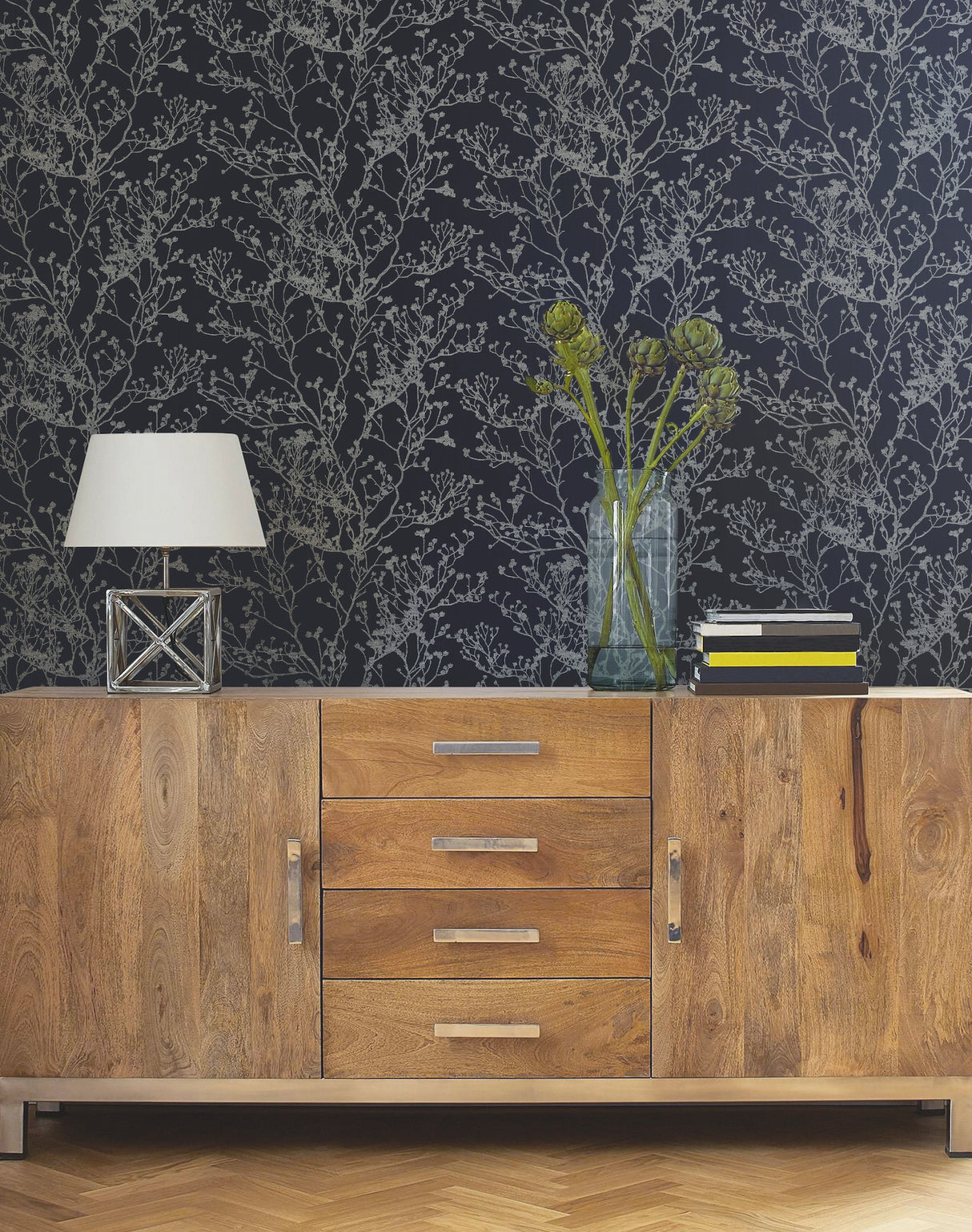 York HC7521 Budding Branch Silhouette Navy Wallpaper