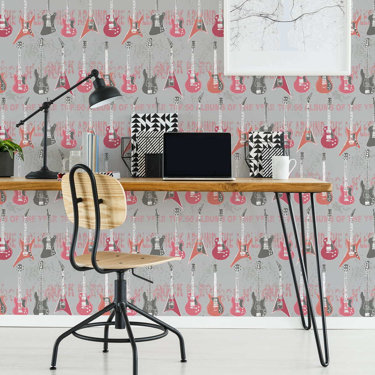 Brewster HN002636 Richards Pink Rock Star Guitar Stripe Wallpaper