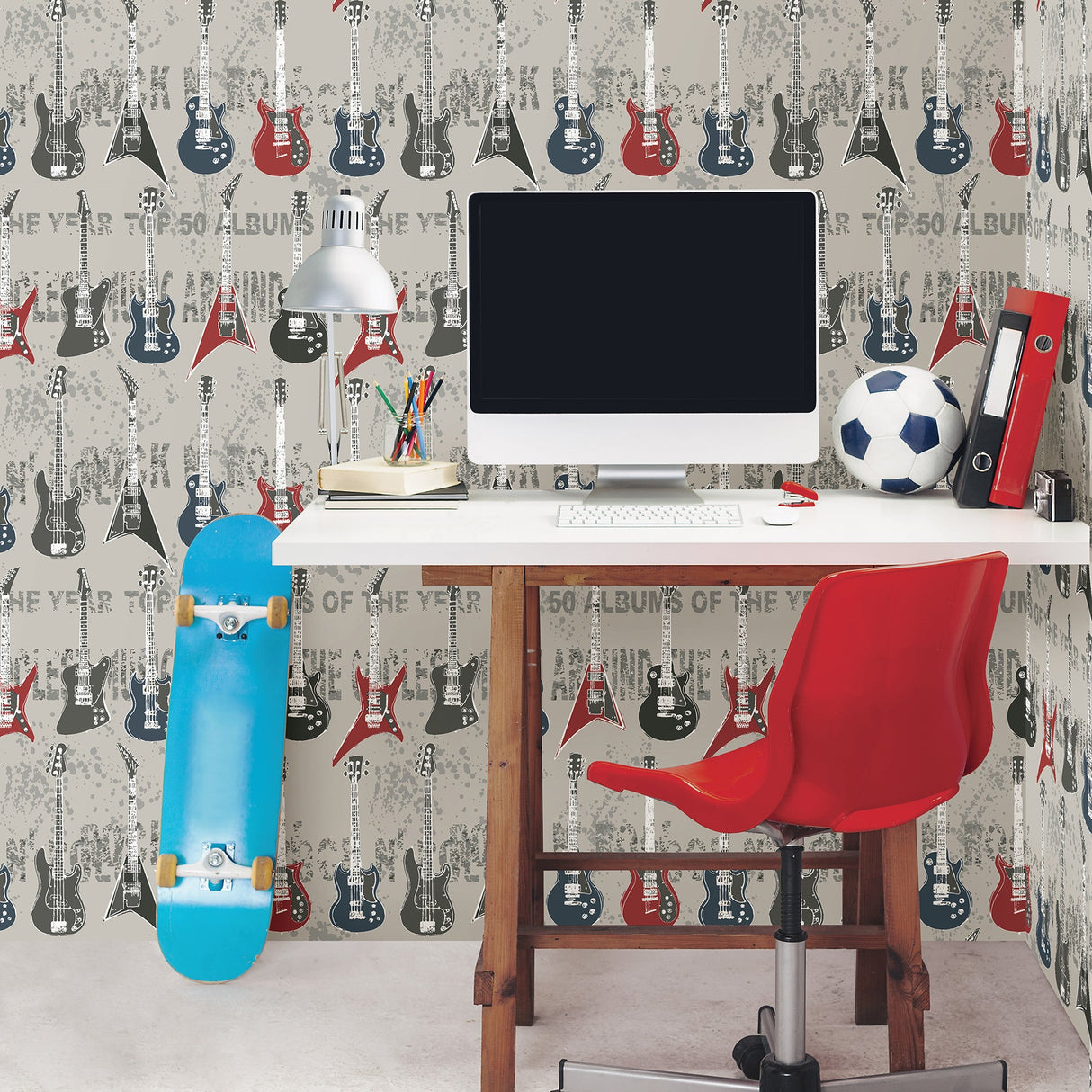 Brewster HN002639 Richards Red Rock Star Guitar Stripe Wallpaper