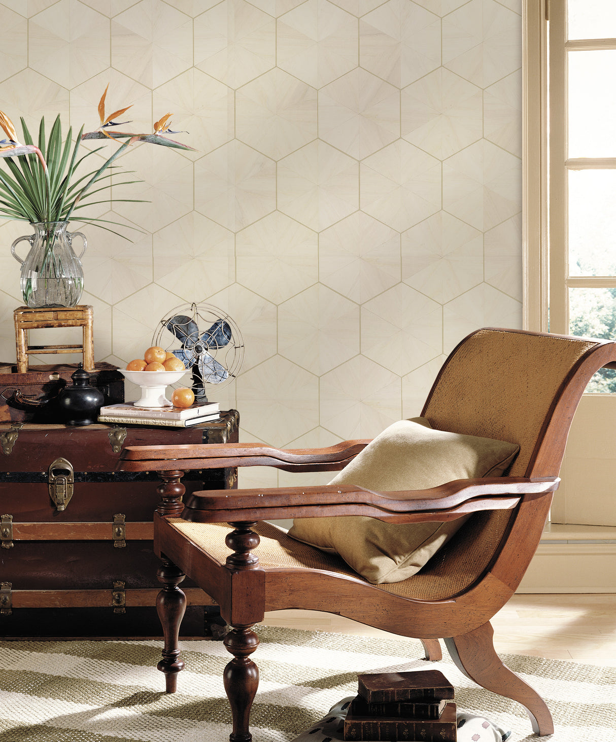 York HO2101 Hexagram Wood Veneer Off White Wallpaper