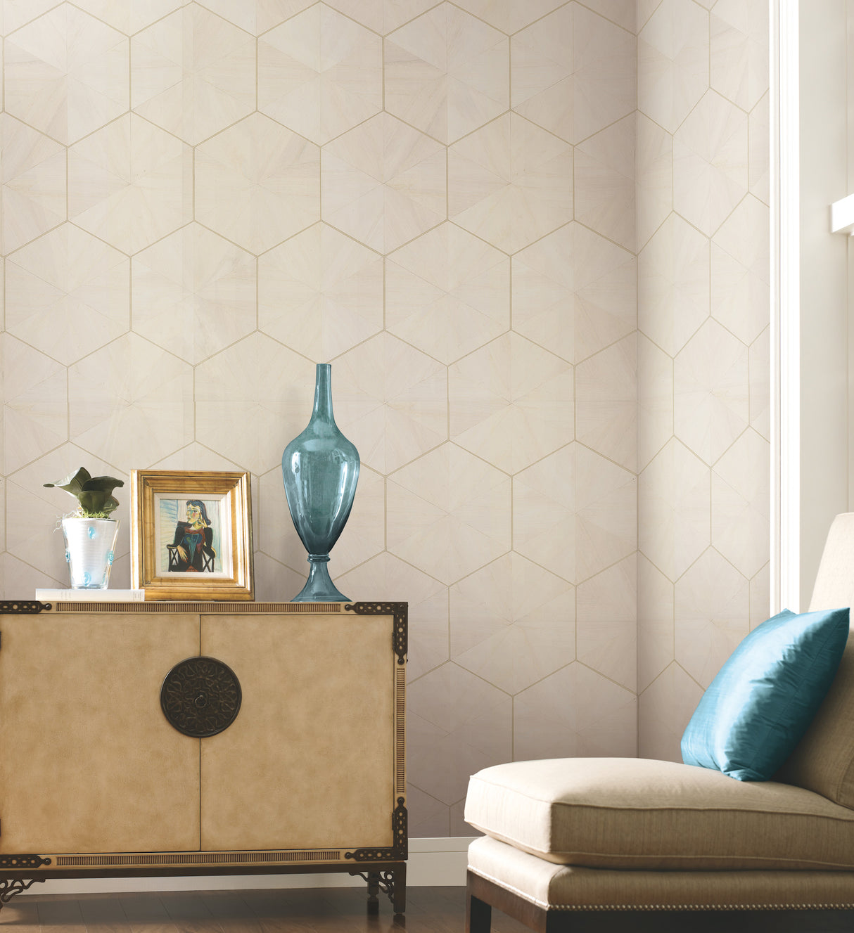 York HO2101 Hexagram Wood Veneer Off White Wallpaper