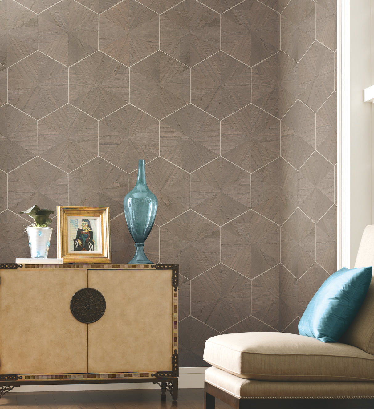 York HO2102 Hexagram Wood Veneer Brown Wallpaper