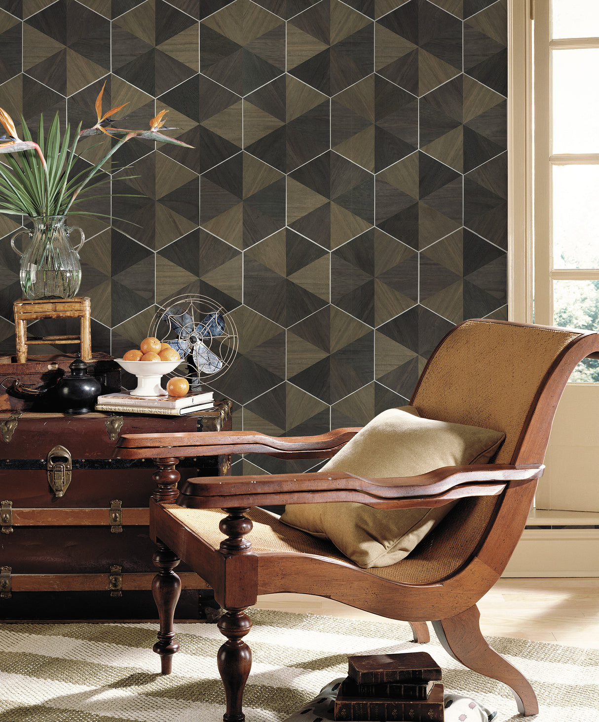 York HO2103 Hexagram Wood Veneer Brown & Black Wallpaper