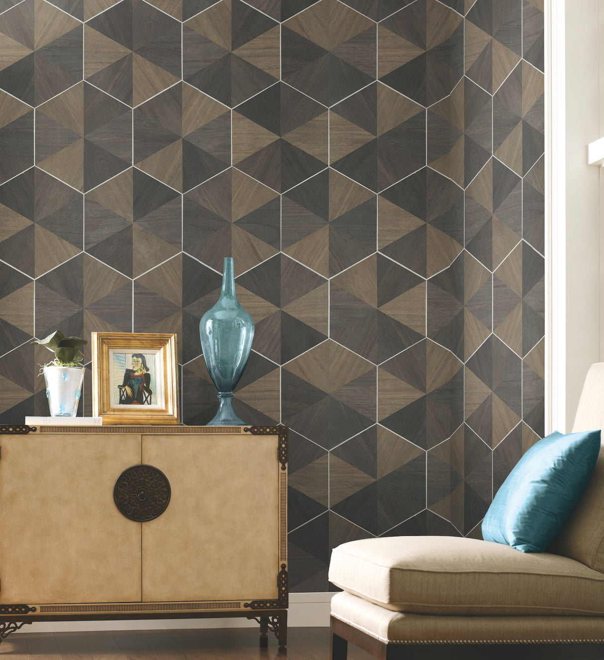 York HO2103 Hexagram Wood Veneer Brown & Black Wallpaper