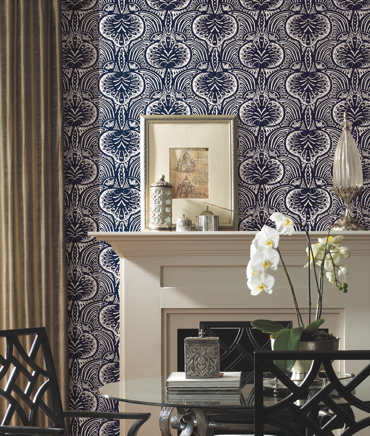 York HO2153 Lotus Palm Navy Wallpaper