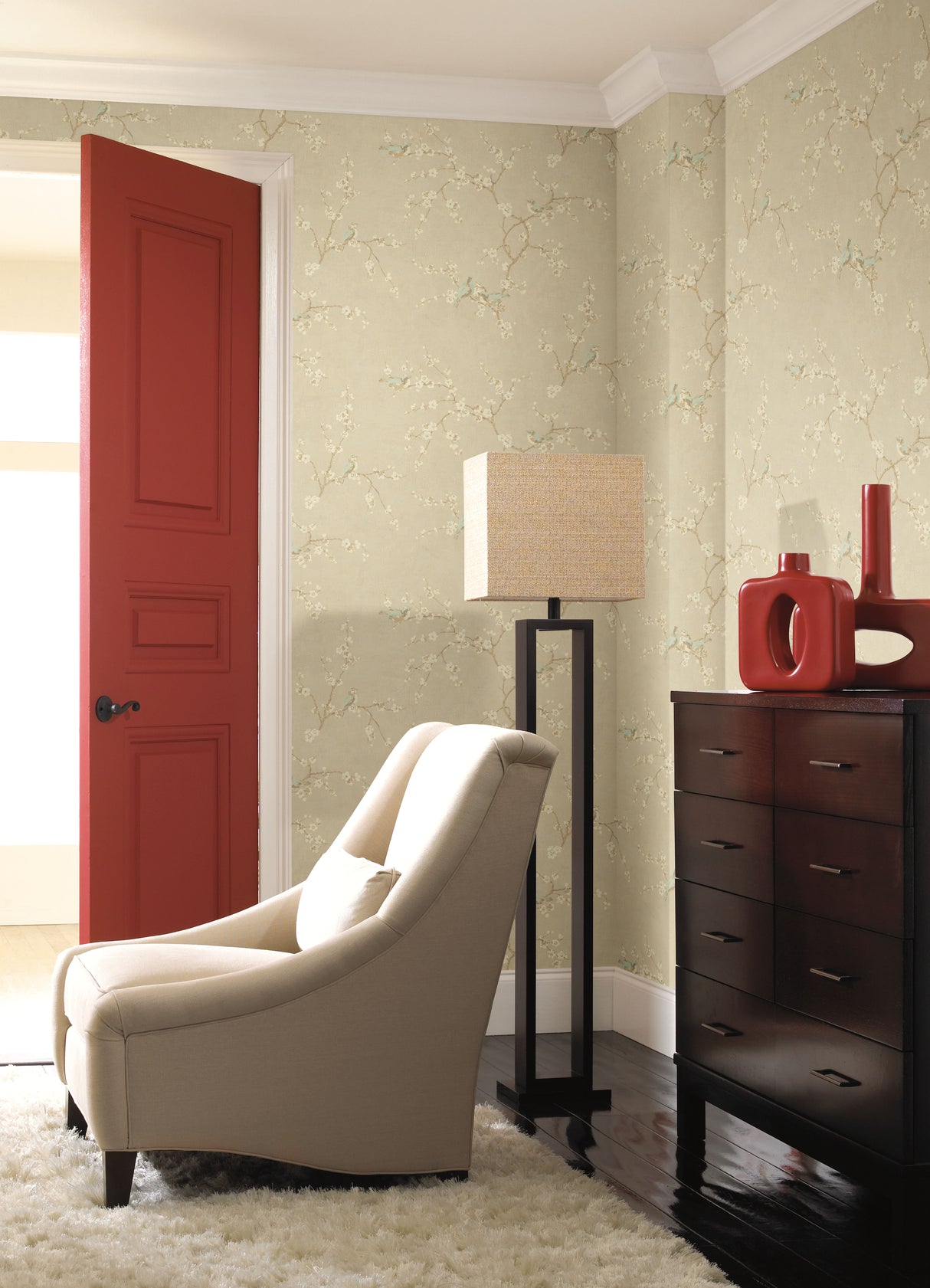 York HP0325 Birds with Blossoms Metallic Wallpaper