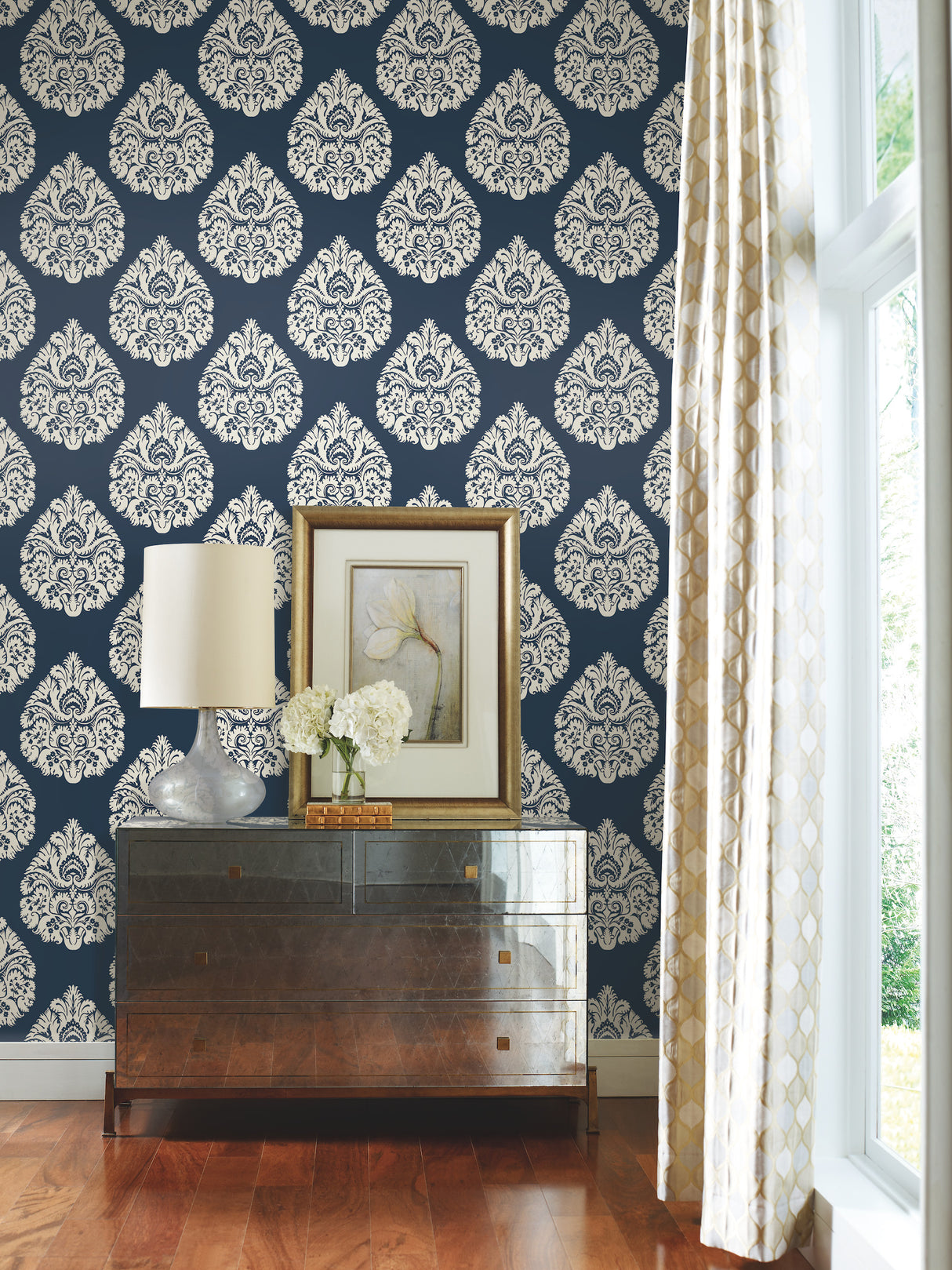 York KT2143 Teardrop Damask Navy Wallpaper