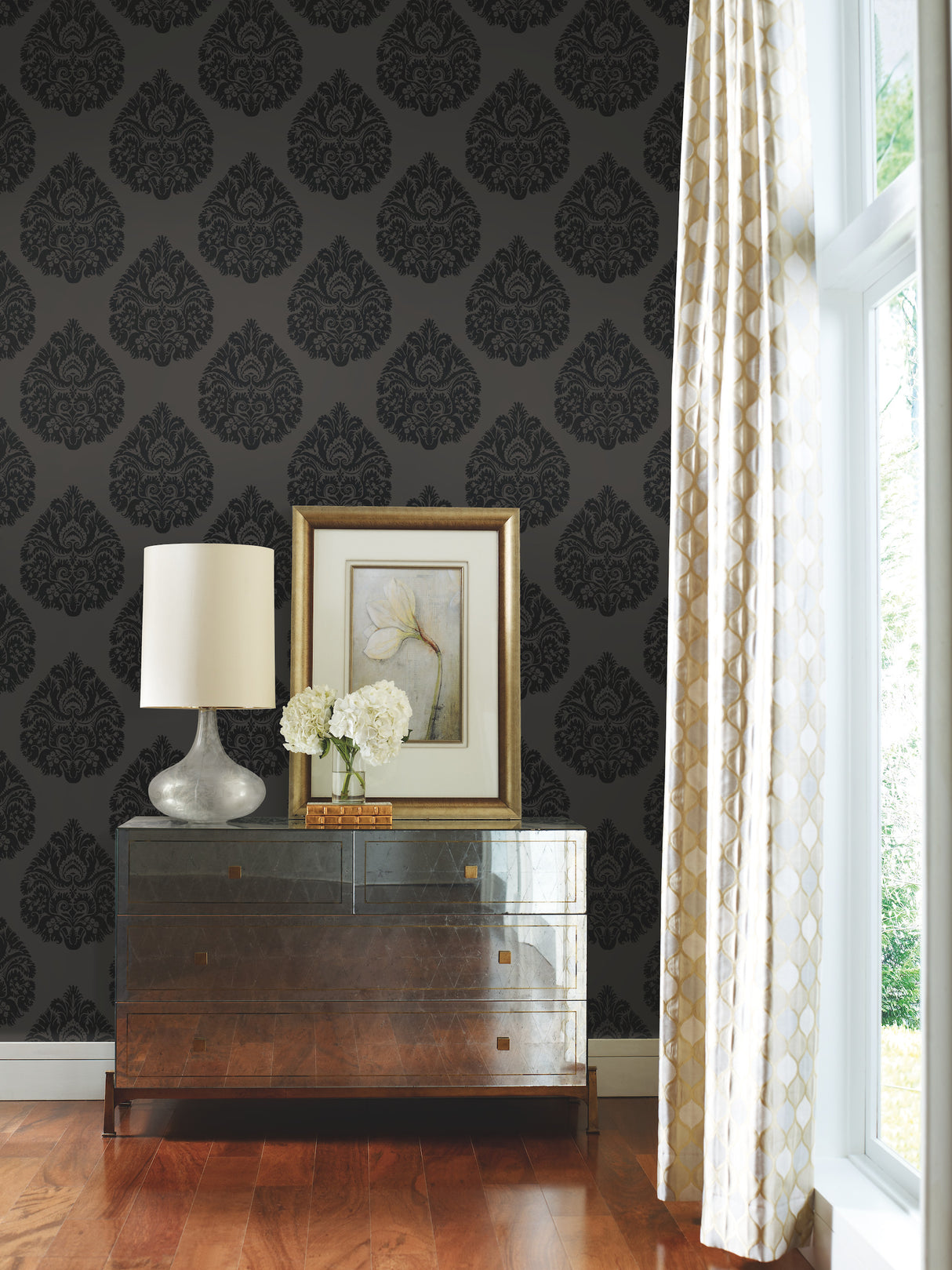 York KT2144 Teardrop Damask Black Wallpaper