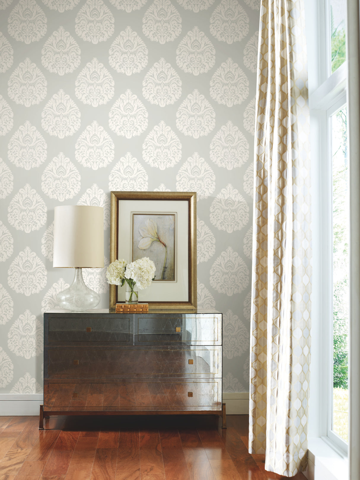 York KT2145 Teardrop Damask Light Grey Wallpaper