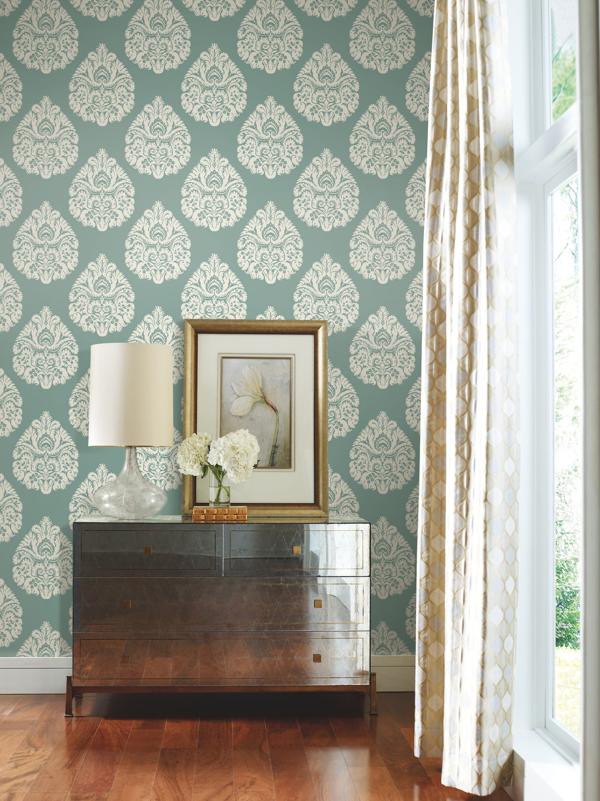 York KT2146 Teardrop Damask Teal Wallpaper