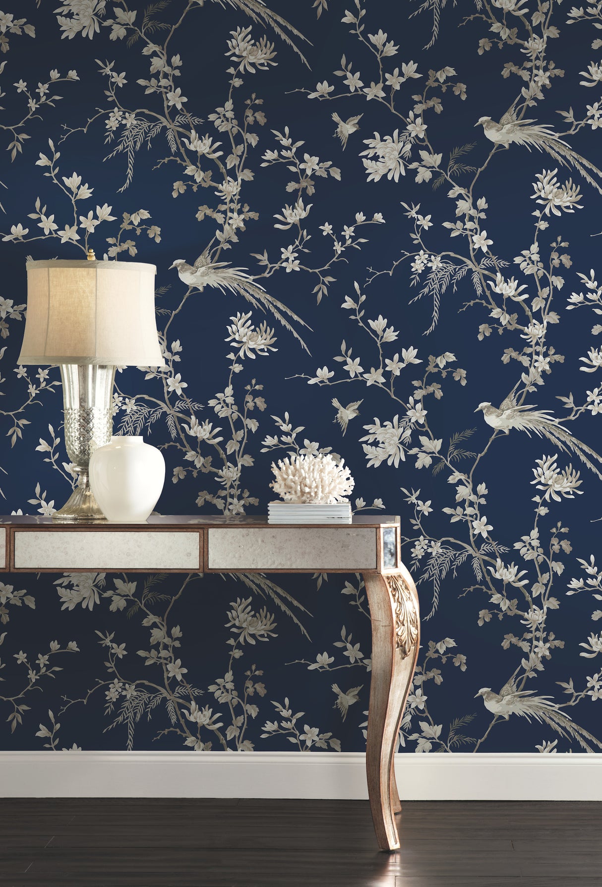 York KT2171 Bird & Blossom Chinoserie Blue Wallpaper