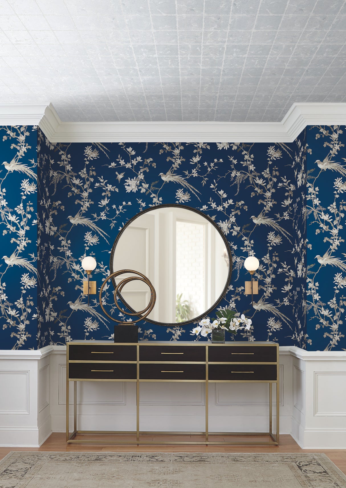 York KT2171 Bird & Blossom Chinoserie Blue Wallpaper