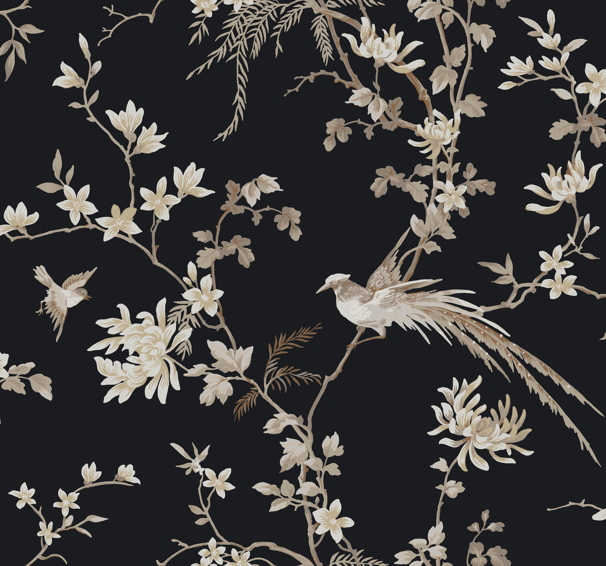 York KT2173 Bird & Blossom Chinoserie Black Wallpaper