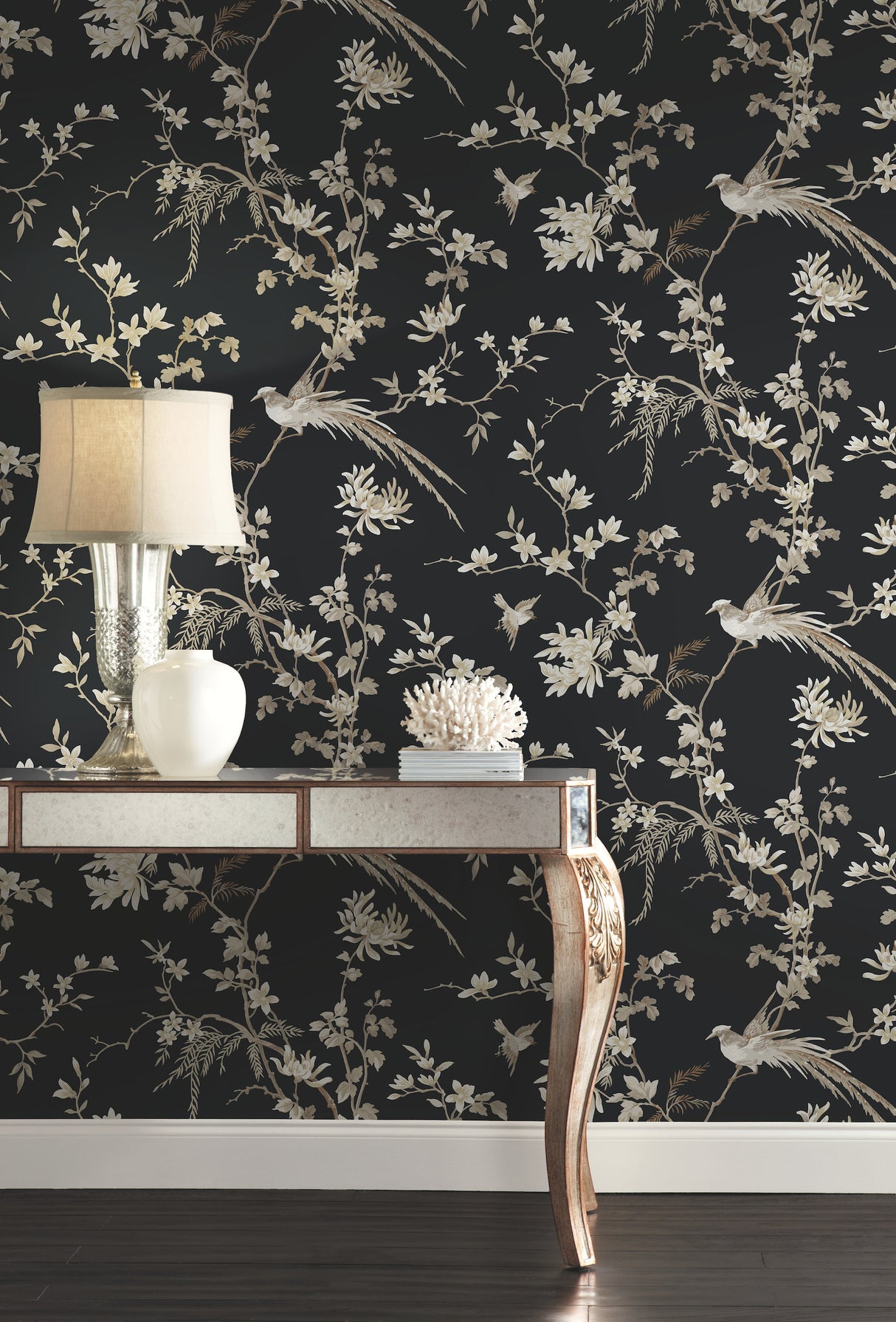 York KT2173 Bird & Blossom Chinoserie Black Wallpaper