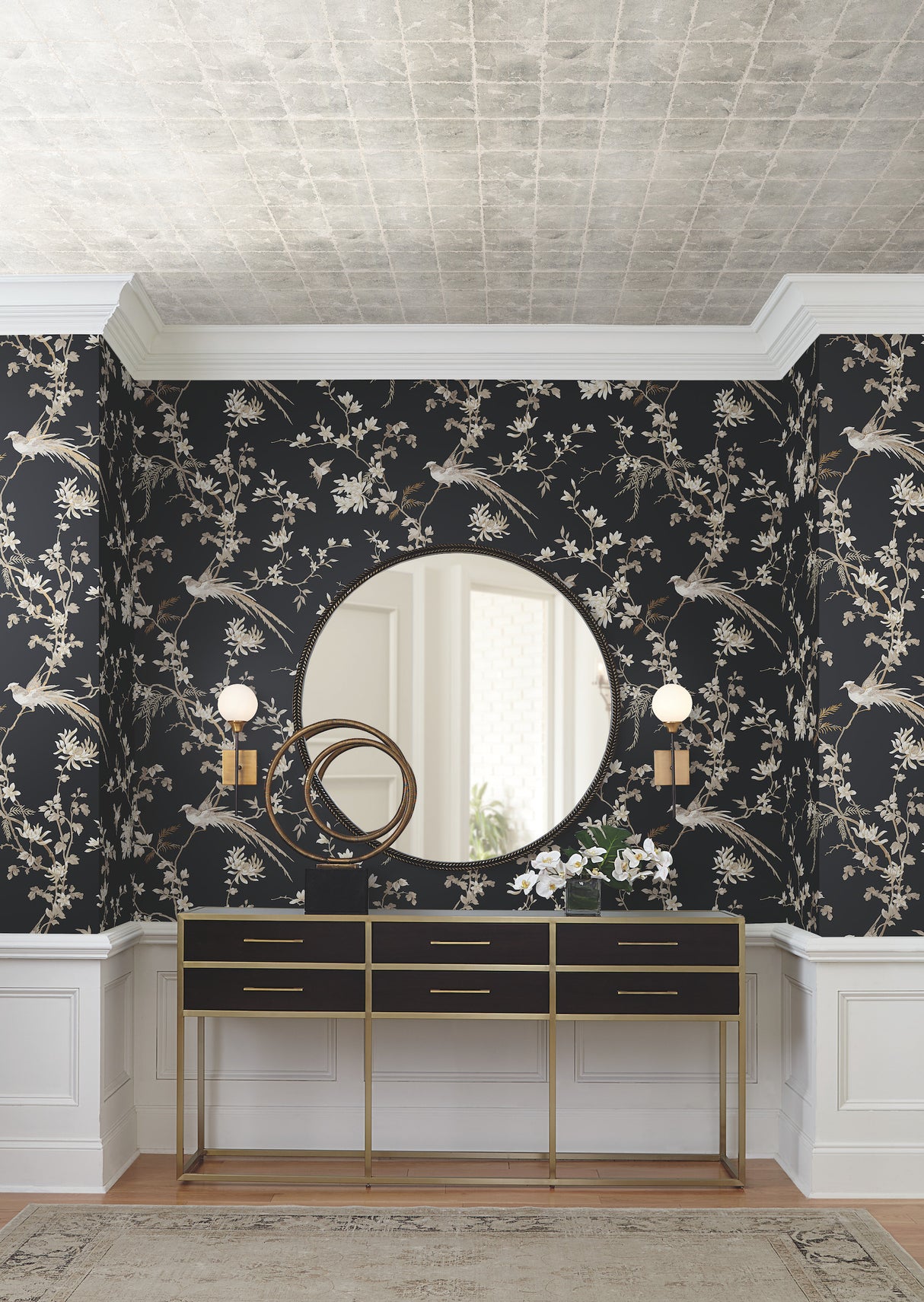 York KT2173 Bird & Blossom Chinoserie Black Wallpaper