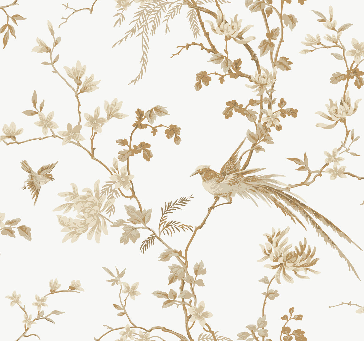 York KT2174 Bird & Blossom Chinoserie White & Gold Wallpaper