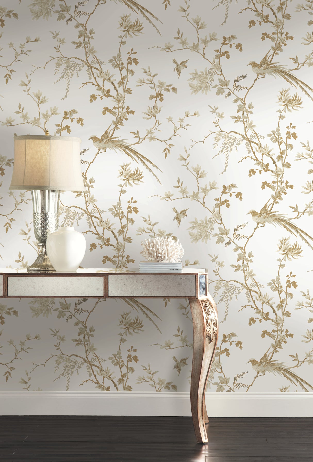 York KT2174 Bird & Blossom Chinoserie White & Gold Wallpaper
