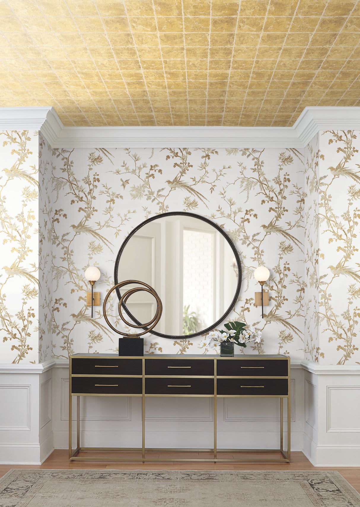 York KT2174 Bird & Blossom Chinoserie White & Gold Wallpaper