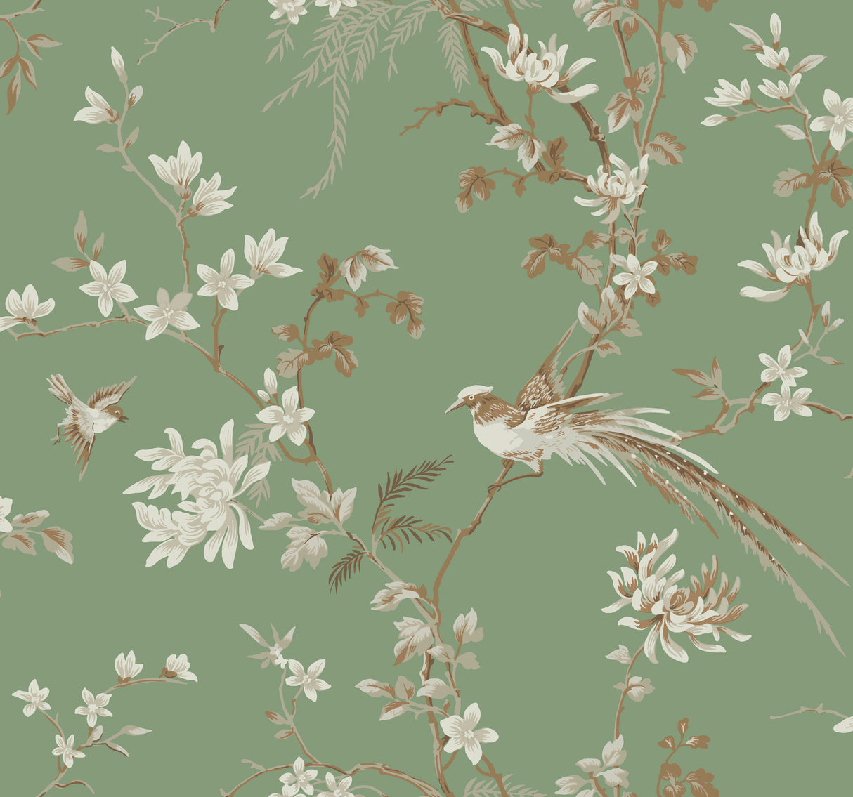 York KT2175 Bird & Blossom Chinoserie Green Wallpaper