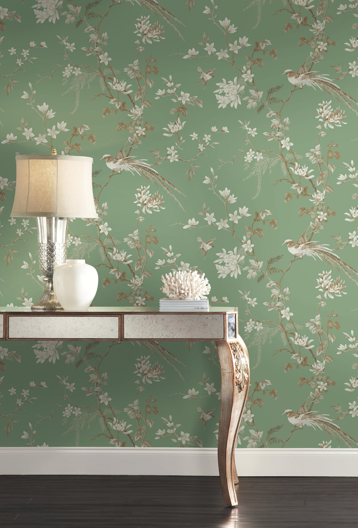 York KT2175 Bird & Blossom Chinoserie Green Wallpaper