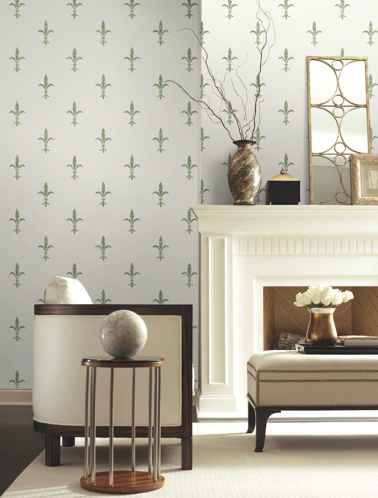 York KT2194 Fleur De Lis White & Green Wallpaper