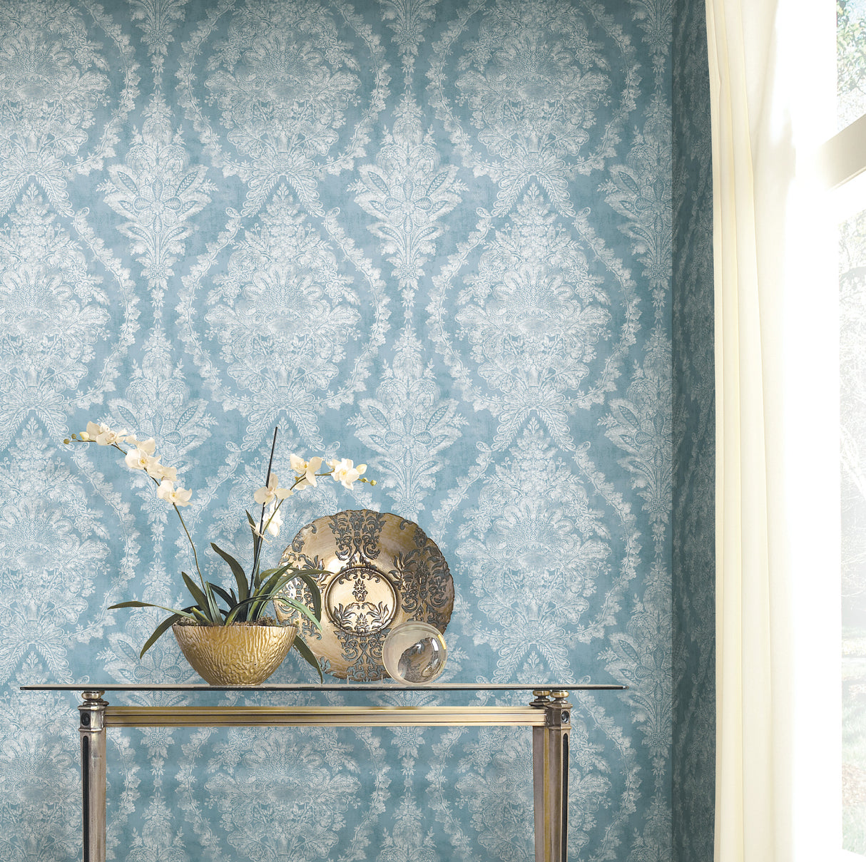 York KT2213 Charleston Damask Blue Wallpaper