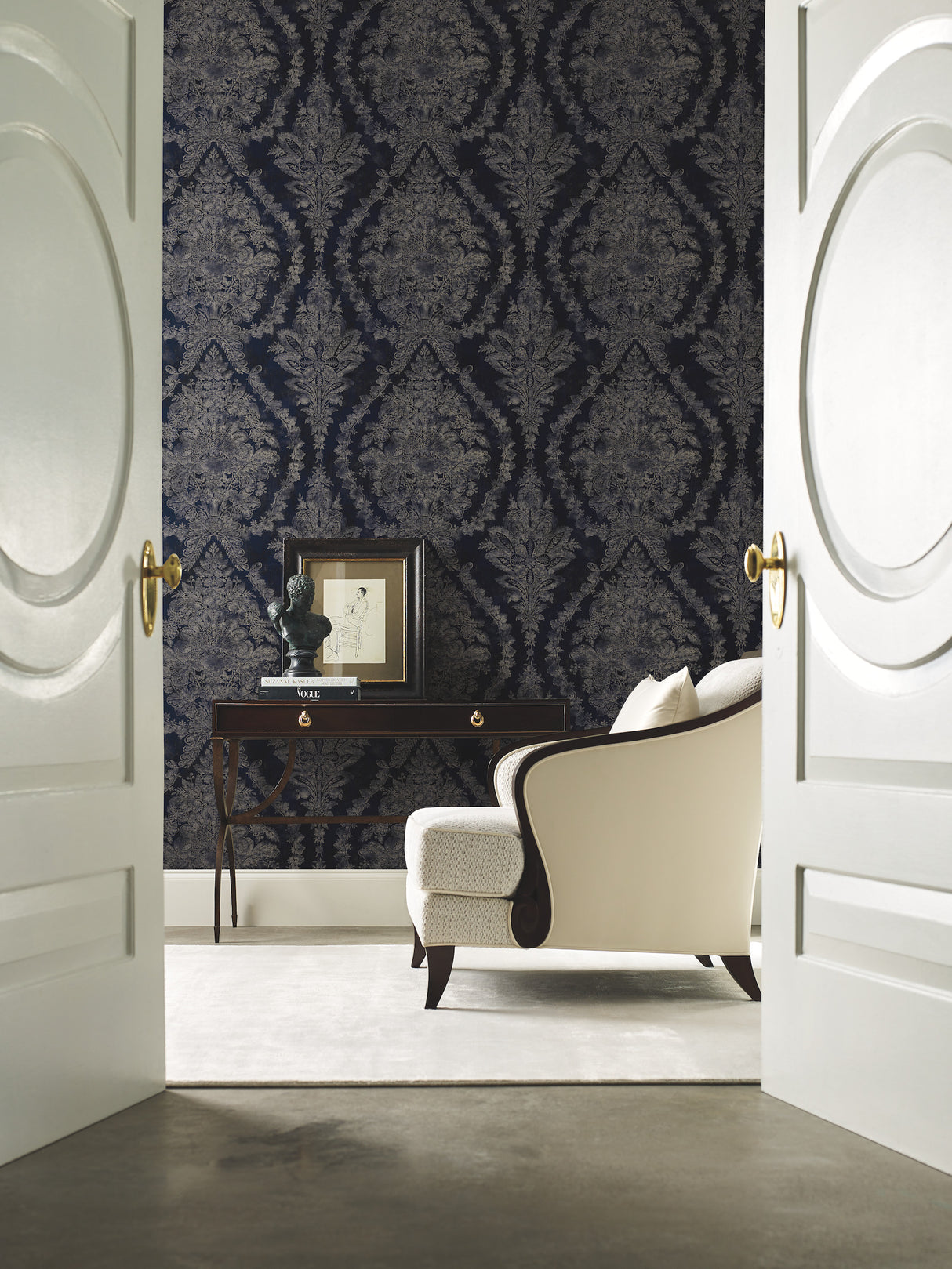 York KT2215 Charleston Damask Navy Wallpaper
