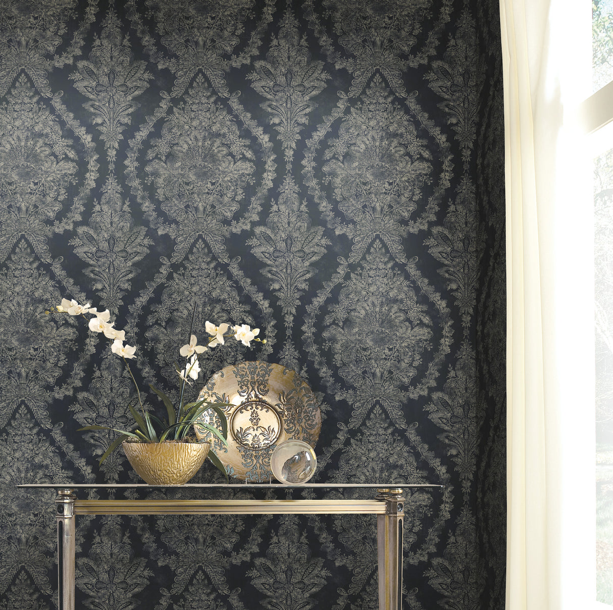 York KT2215 Charleston Damask Navy Wallpaper