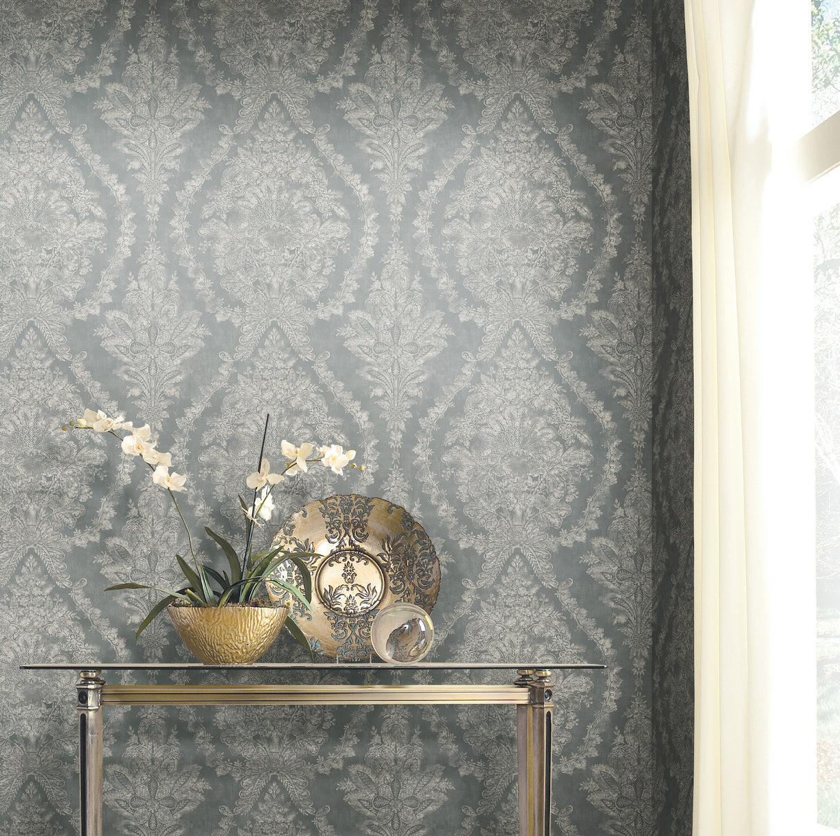 York KT2216 Charleston Damask Grey Wallpaper