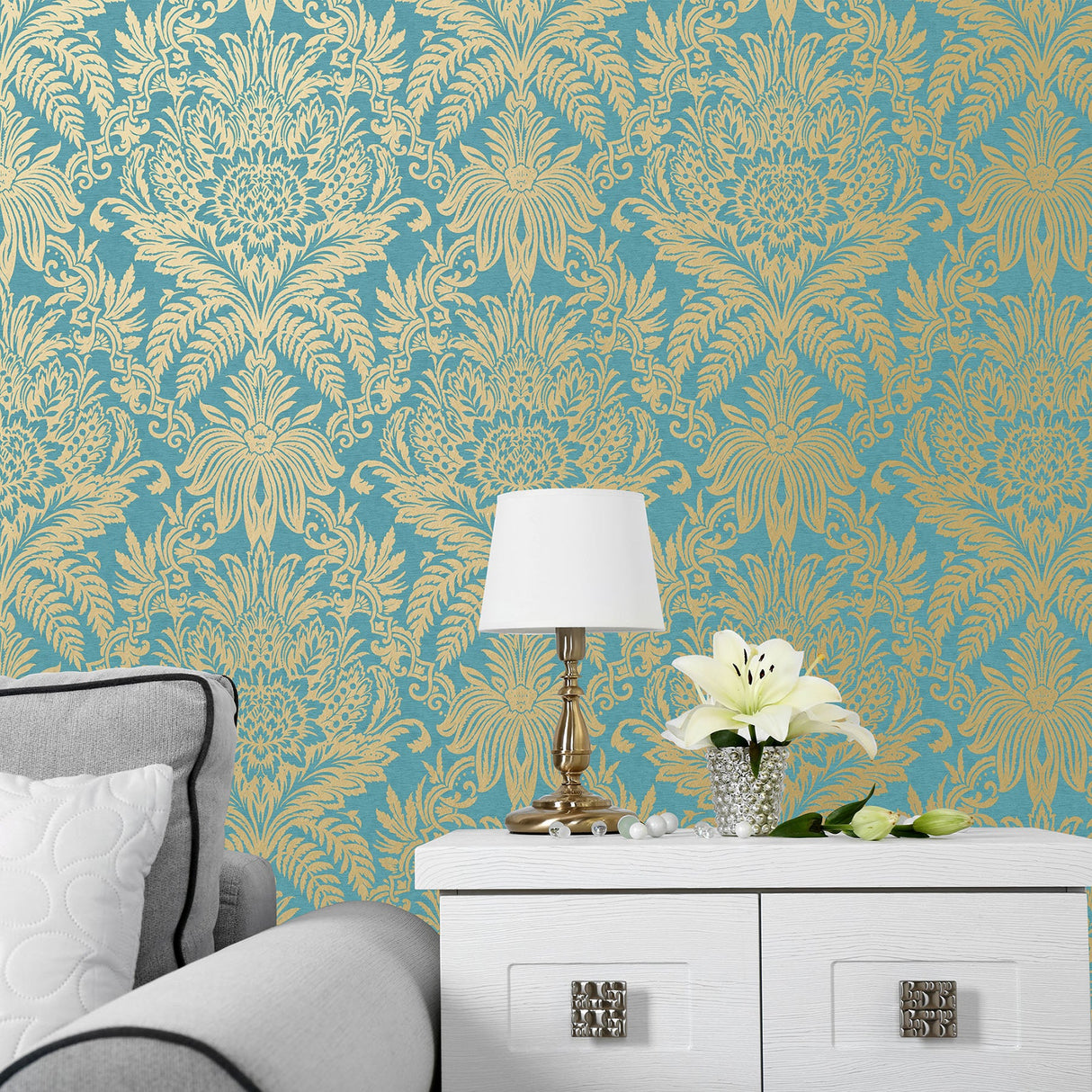 Crown  M1064 Signature Teal Damask Wallpaper