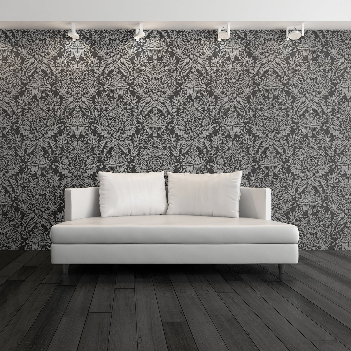 Crown  M1065 Signature Charcoal Damask Wallpaper