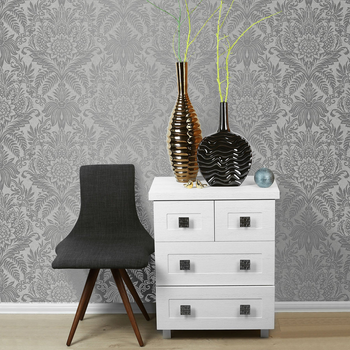 Crown  M1067 Signature Grey Damask Wallpaper