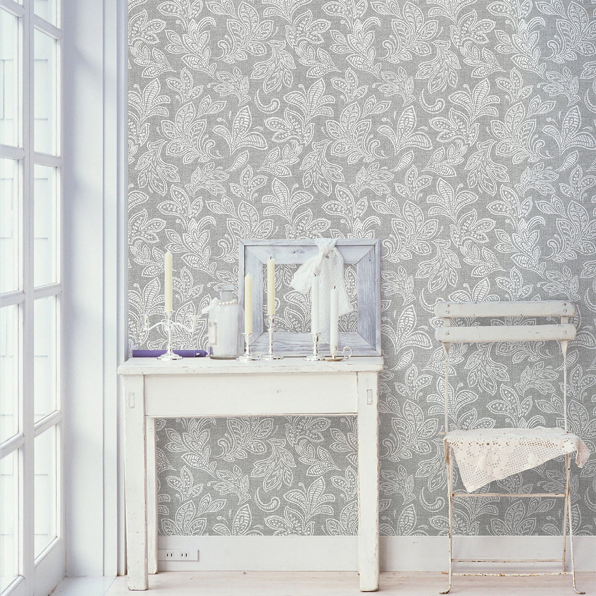 Crown  M1119 Ida Grey Scroll Wallpaper