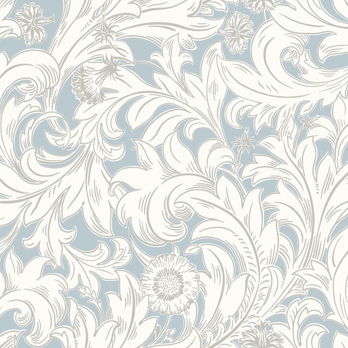 Crown  M1174 Ahu Light Blue Scroll Wallpaper