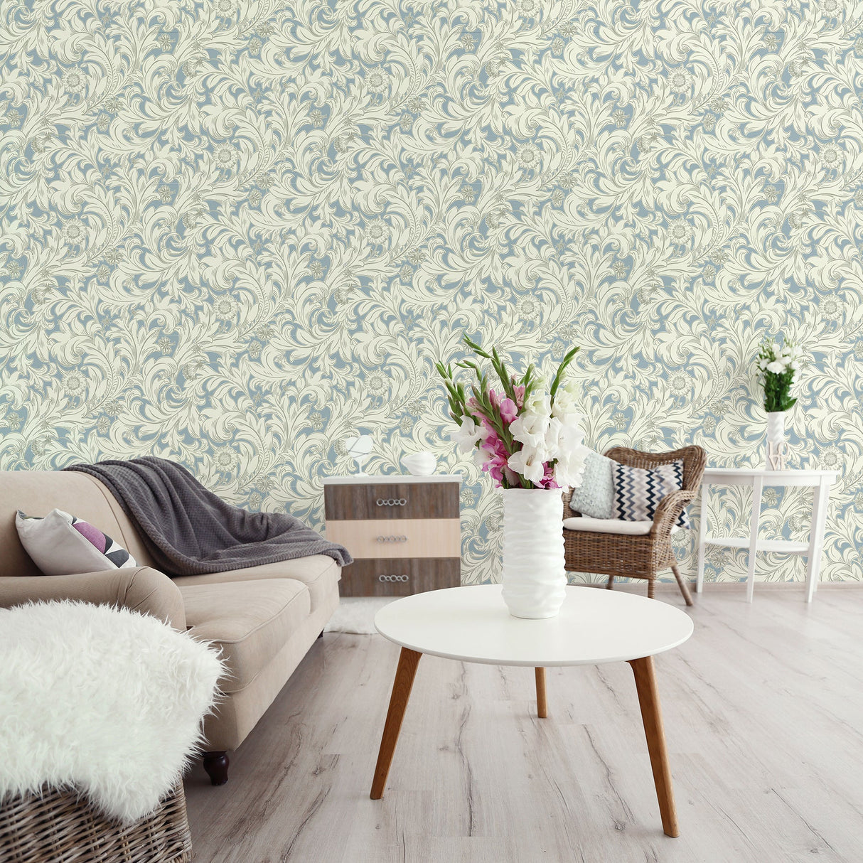 Crown  M1174 Ahu Light Blue Scroll Wallpaper