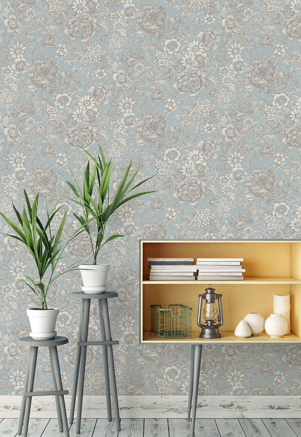 Crown  M1186 Hedgerow Light Blue Floral Trails Wallpaper