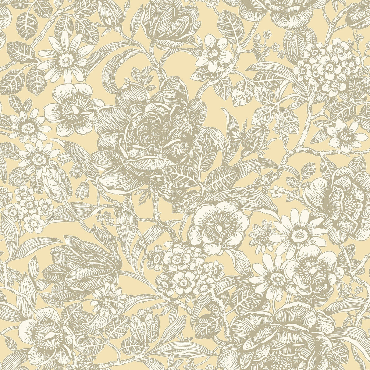 Crown  M1187 Hedgerow Light Yellow Floral Trails Wallpaper