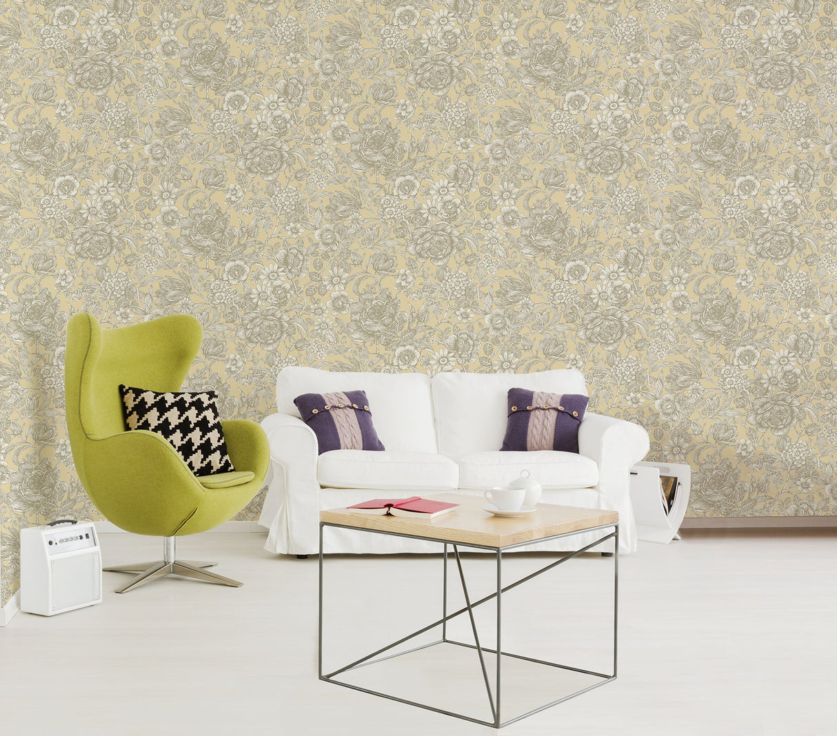 Crown  M1187 Hedgerow Light Yellow Floral Trails Wallpaper