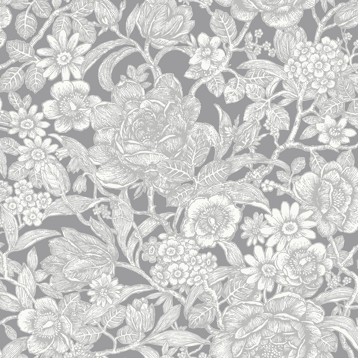 Crown  M1188 Hedgerow Grey Floral Trails Wallpaper