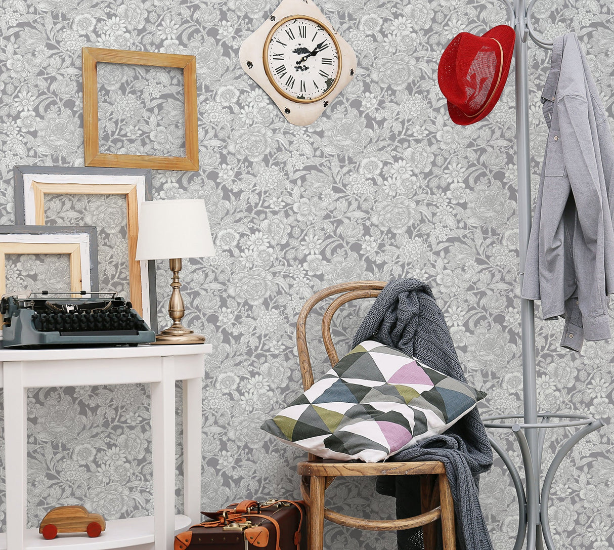 Crown  M1188 Hedgerow Grey Floral Trails Wallpaper