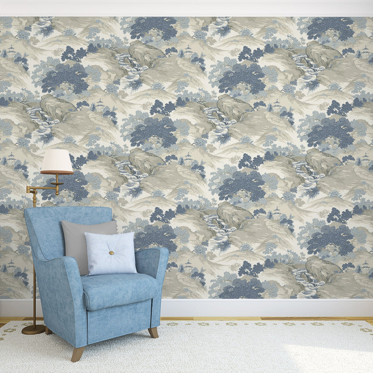 Crown  M1190 Ordos Blue Eastern Toile Wallpaper