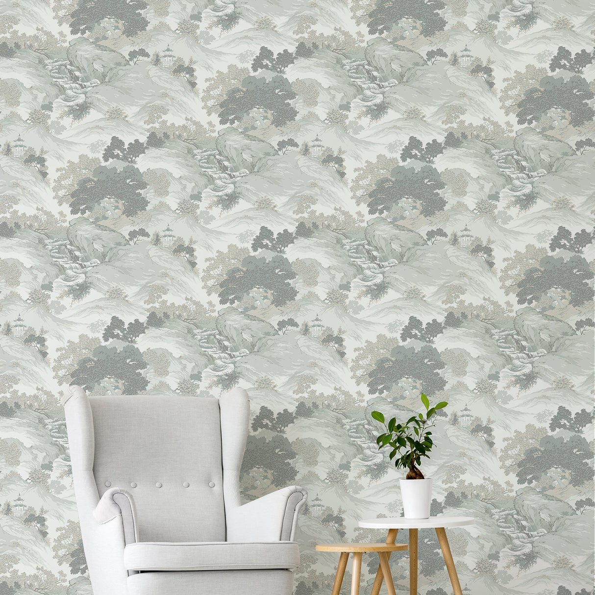 Crown  M1191 Ordos Light Green Eastern Toile Wallpaper