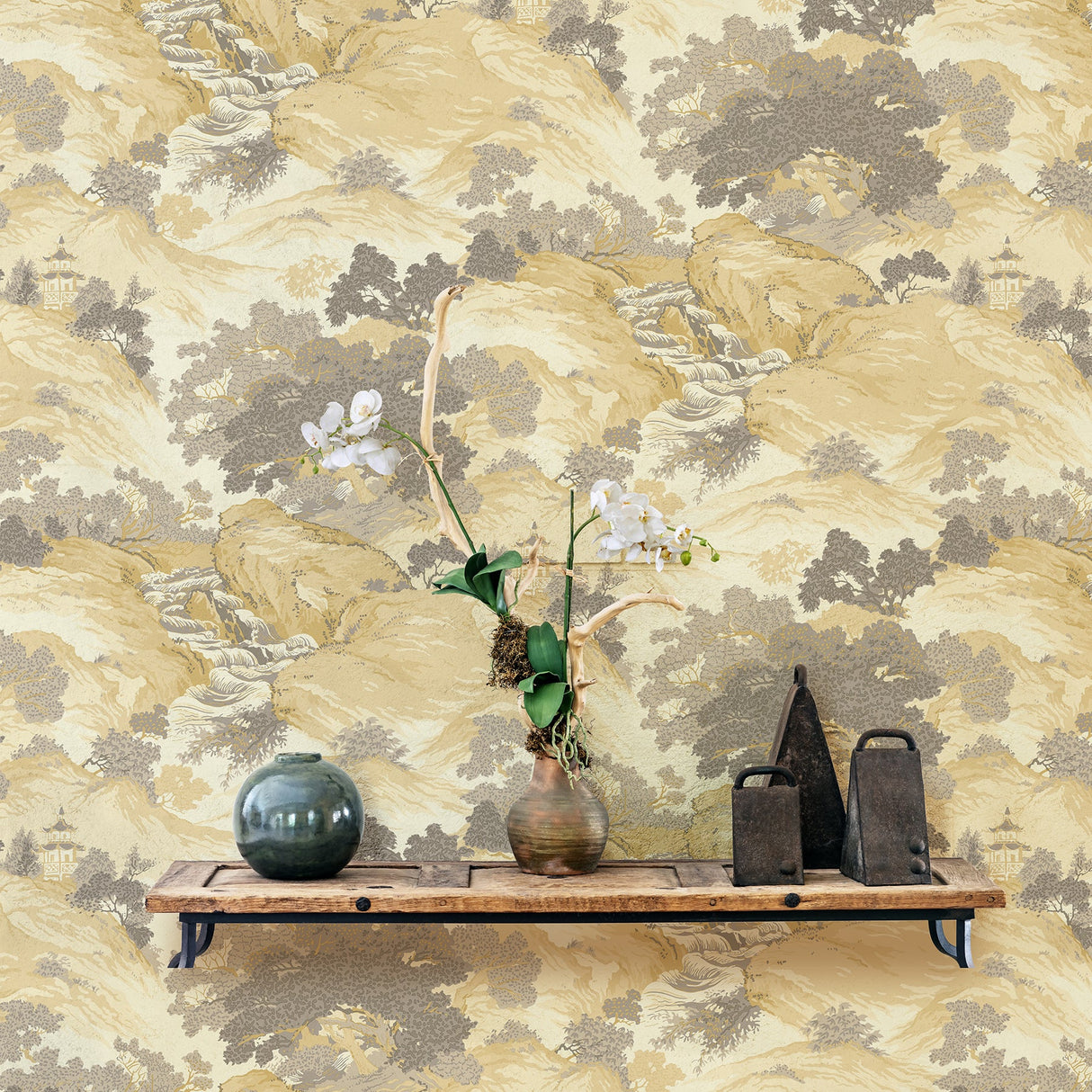 Crown  M1192 Ordos Yellow Eastern Toile Wallpaper
