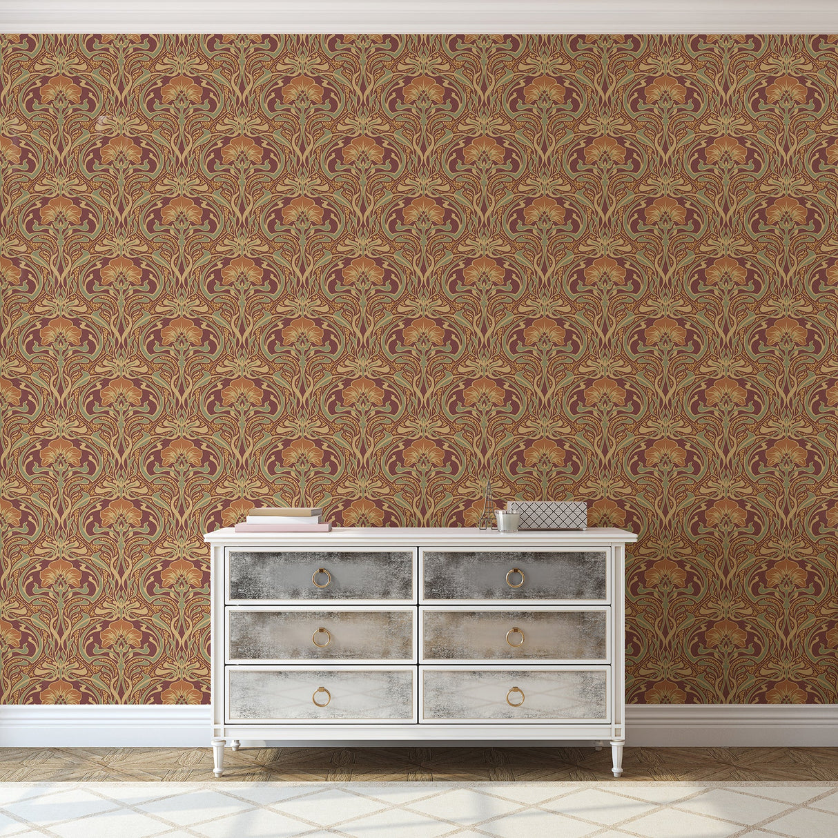 Crown  M1194 Donovan Burnt Sienna Nouveau Floral Wallpaper