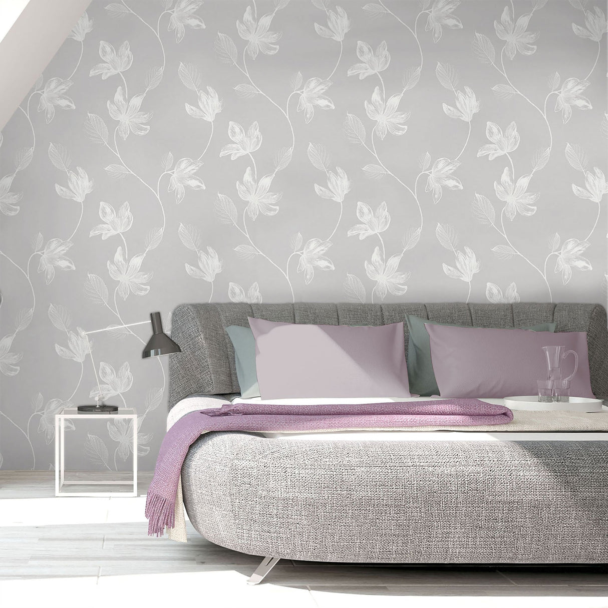 Crown  M1244 Florence Light Grey Floral Leaf Trail Wallpaper